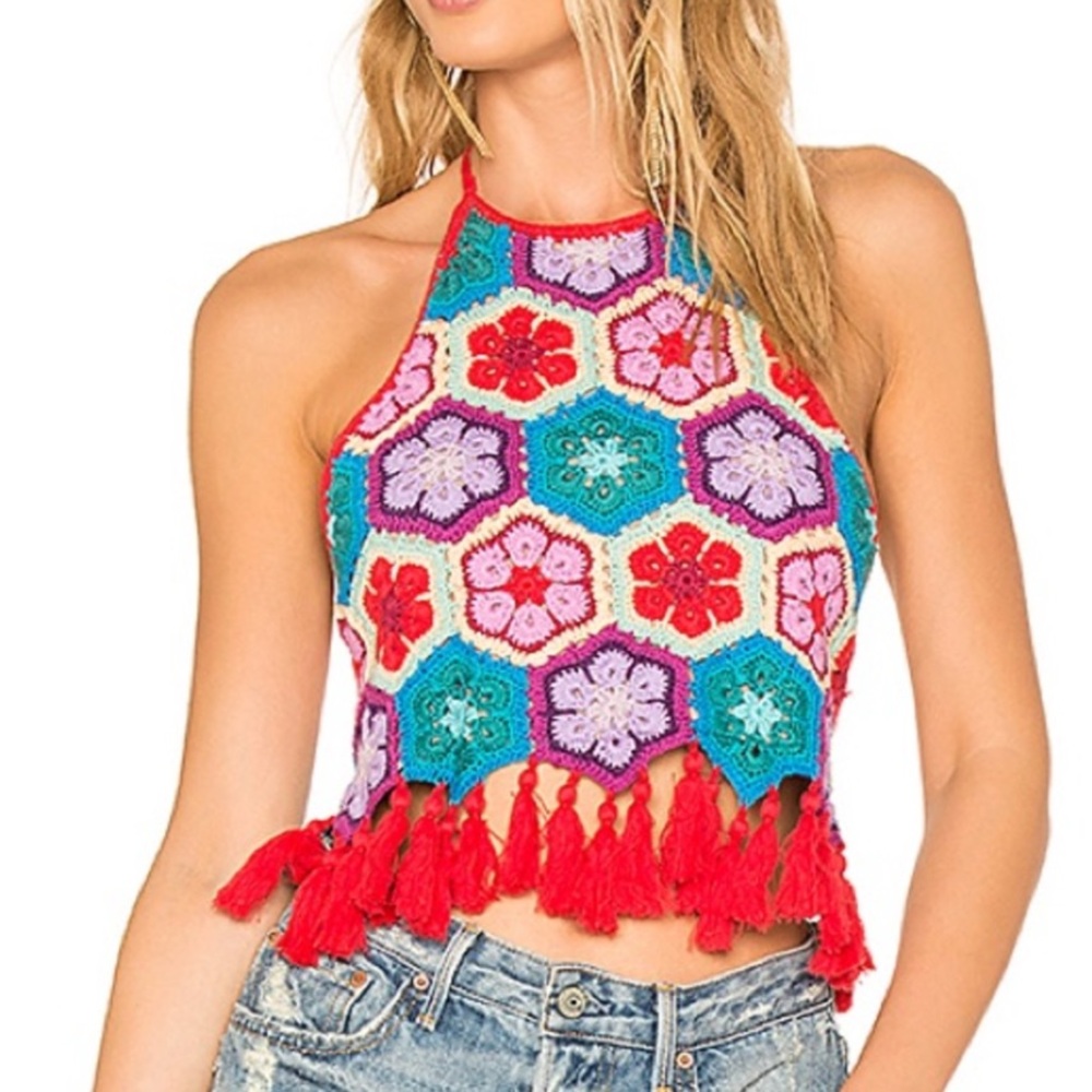 Show Me Your Mumu Dylan Crochet Halter Top with Fringe size Large